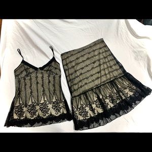 Black Lace Overlay Cream Camisole & Skirt Set